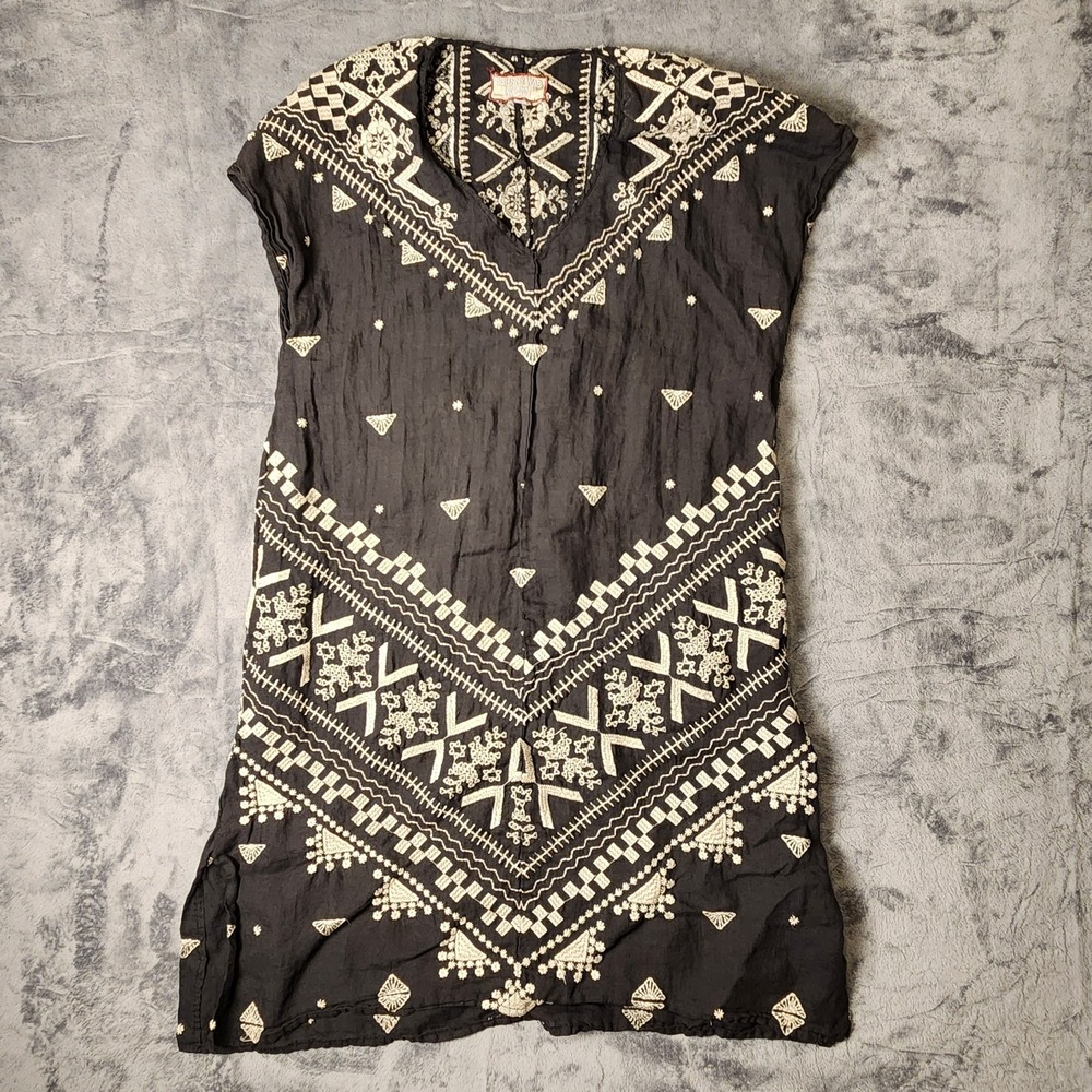 Johnny Was‎ Workshop Black Embroidered Boho Tunic Top V-Neck Medium